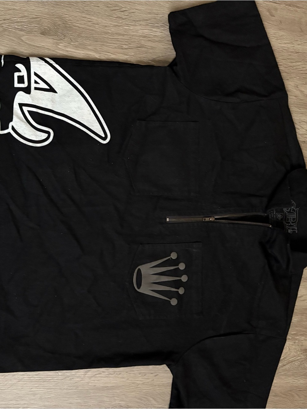 Men's Black Zip-Up Sweater with Crown Pocket Graphic